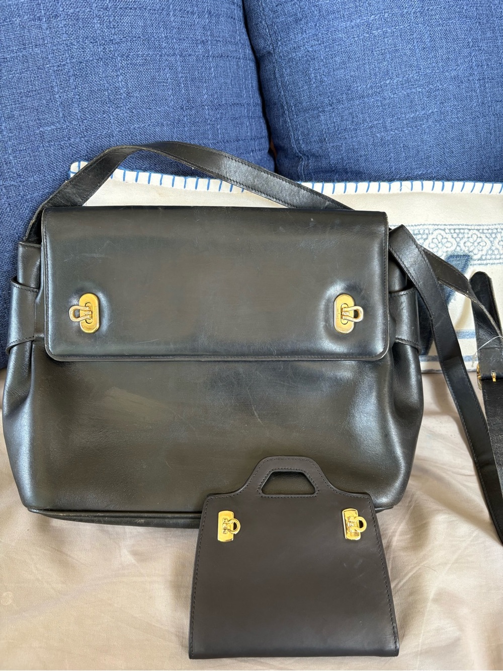 VTG Salvatore Ferragamo Black Leather Flap Bag + Wanda Tri-Fold WalletSET 2items